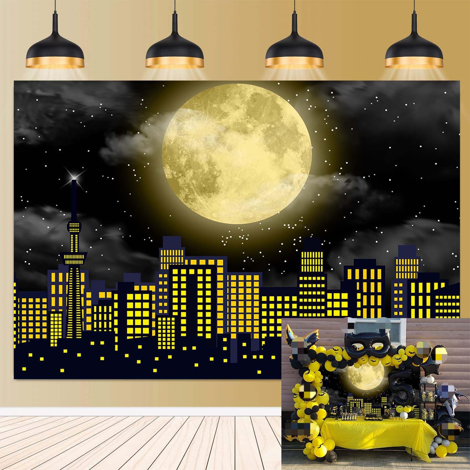 Super City Superhero Backdrop for Photography 7x5FT Yellow Full Moon Skyline Cityscape Theme Photo Background Baby Shower Boys Birthday Party Cake Table Decoration Banner Props (84x60 inch)