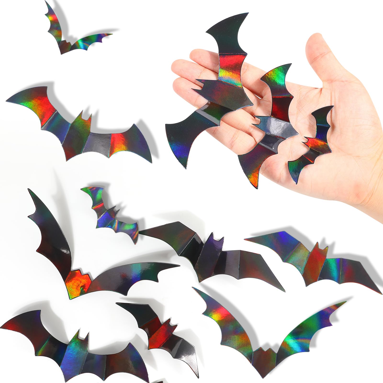 CCINEE 144Pcs Halloween Bat Wall Decor, 3D Black Iridescent Bat Wall Stickers Holographic Decorative Spooky Bat Wall Decal for Halloween Party Home Decoration Supply