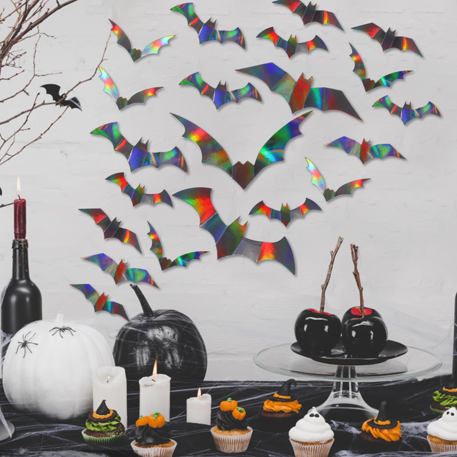 CCINEE 144Pcs Halloween Bat Wall Decor, 3D Black Iridescent Bat Wall Stickers Holographic Decorative Spooky Bat Wall Decal for Halloween Party Home Decoration Supply