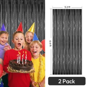 Isaspire 2 Pack Foil Fringe Backdrop Curtains, Tinsel Backdrop Door Fringe, Streamer for Birthday Graduation Bachelorette Halloween Christmas Party Decorations and Photo Booth Props- Glossy Black