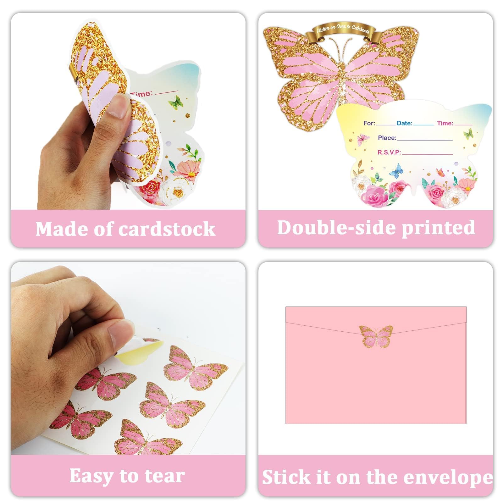 Qyeahkj 36pcs Butterfly Birthday Invitations for Girls with Envelopes Stickers Floral Butterfly Party Celebration Party Supplies Favors for Kids Boys Baby Shower Wedding Decorations