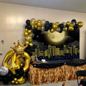 Super City Superhero Backdrop for Photography 7x5FT Yellow Full Moon Skyline Cityscape Theme Photo Background Baby Shower Boys Birthday Party Cake Table Decoration Banner Props (84x60 inch)