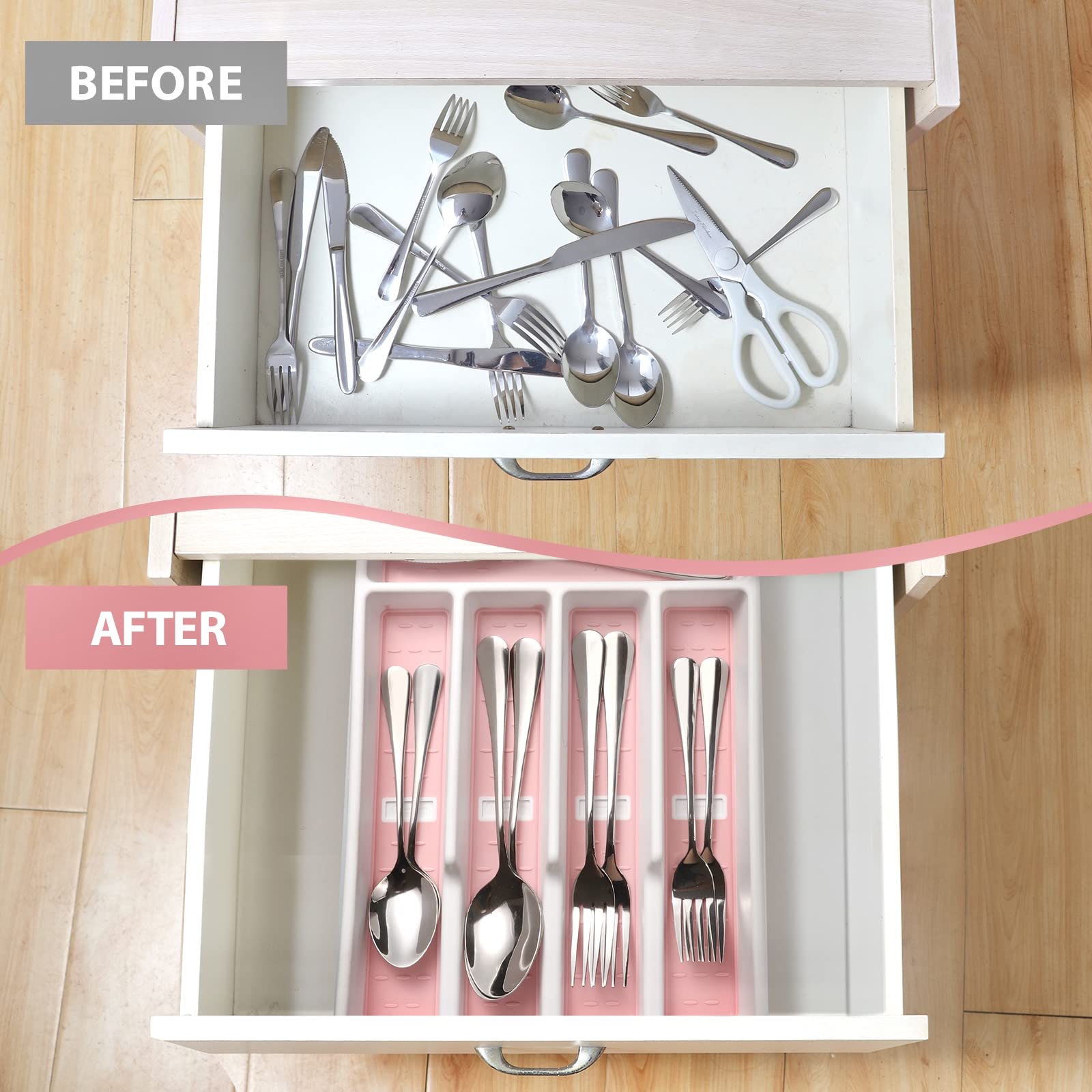 Joequality Silverware Organizer with Icons，Plastic Cutlery silverware Tray for Drawer，Utensil Flatware Tableware Organizer for Kitchen with Non-slip TPR,Fits Standard Drawer,5-Compartment,Pink