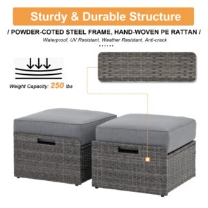 Super Patio Outdoor Wicker Ottoman Set of 2, All Weather Rattan Patio Ottoman Set with Thick Cushion, 2 Pieces Footstool Footrest Seat for Outside Garden, Balcony, Living Room, Gray