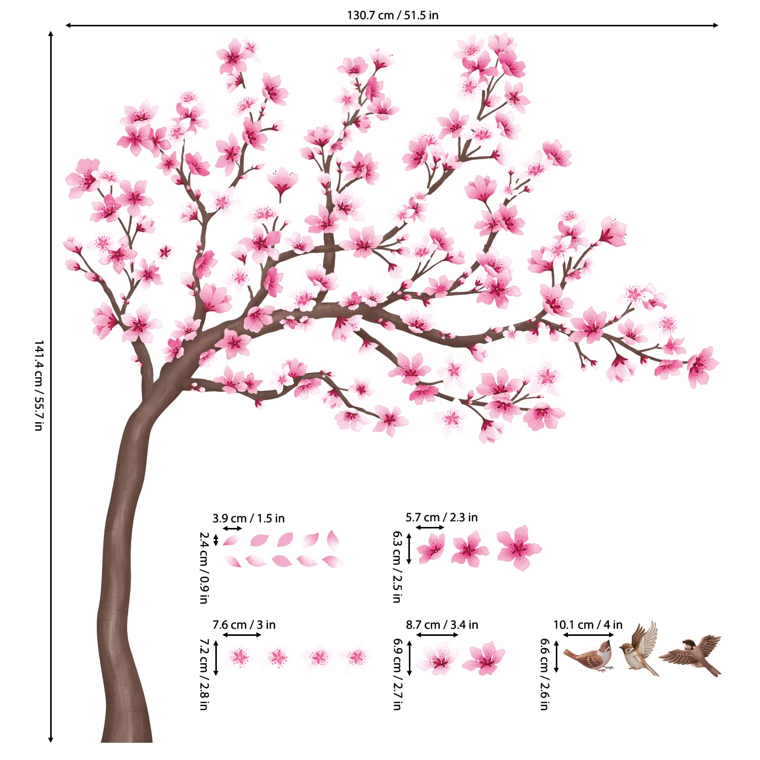 DECOWALL SG4-2306 Cherry Blossom Tree Wall Stickers Decals Peel and Stick Removable Wall Stickers for Kids Nursery Bedroom Living Room décor Floral Bird Furniture Art Baby Birch