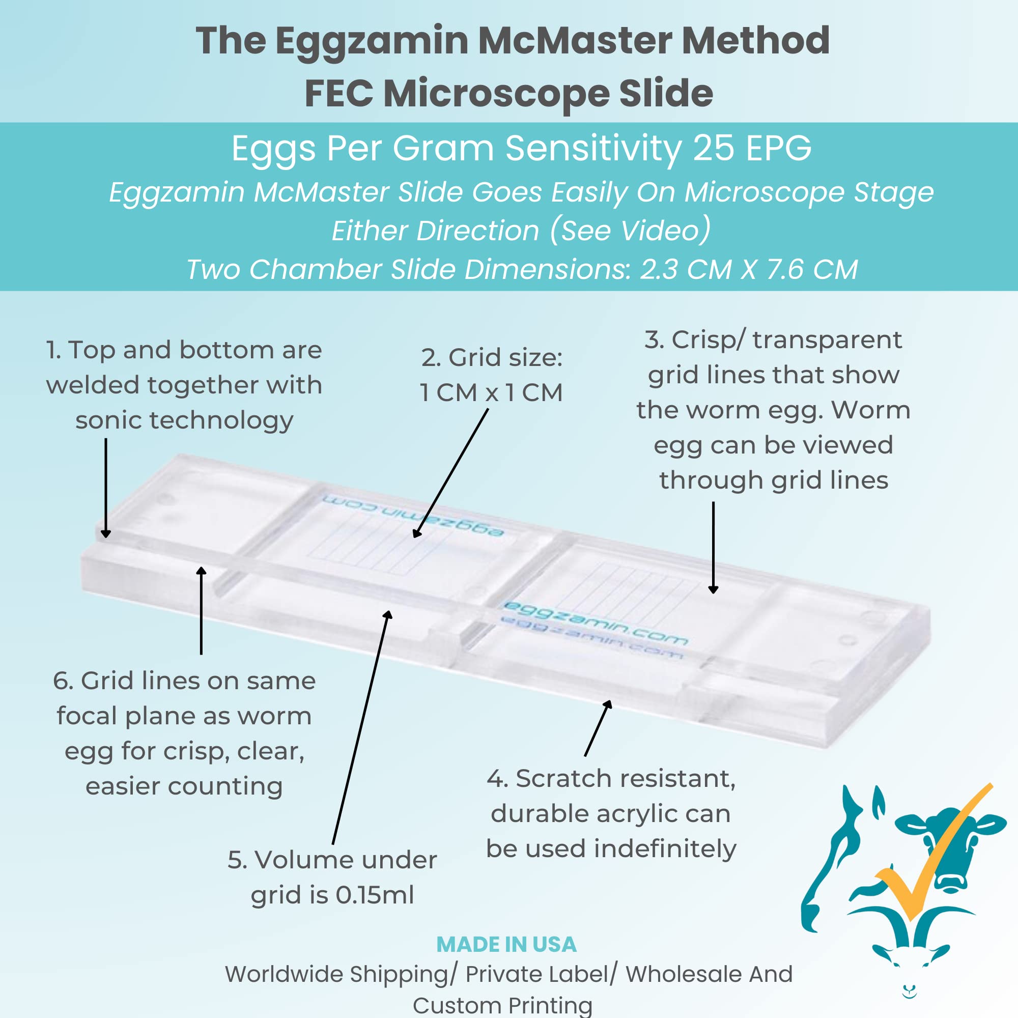 Bundle of 2 McMaster Method Microscope Slides, FEC (Fecal Egg Count) Double Chamber Slide for Parasite Testing, Count Parasite Eggs in Horses, Sheep, Goats, Cattle.