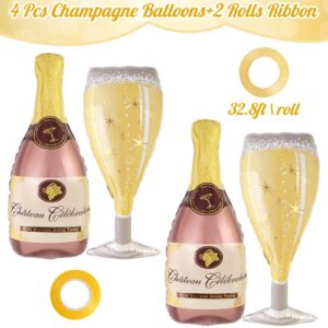 Champagne Wine Bottle Balloons, 4 Pcs Champagne Glass Foil Balloons, Large Wine Mylar Balloons for Engagement Bridal Shower Wedding Bachelorette Birthday Party Decoration