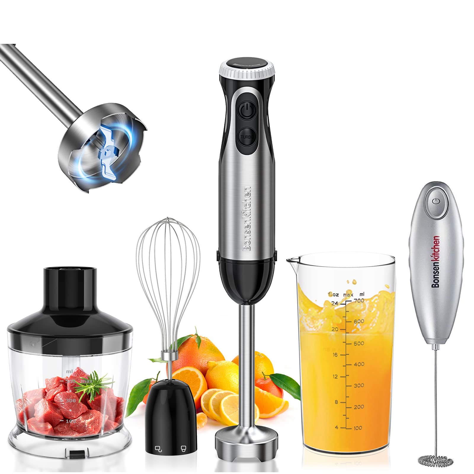 4-In-1 Hand Blender with Egg Whisk, 24oz Beaker & 17oz Chopper Bowl for Smoothies, Puree, Baby Food and Milk Frother Handheld for Coffee-Bundle