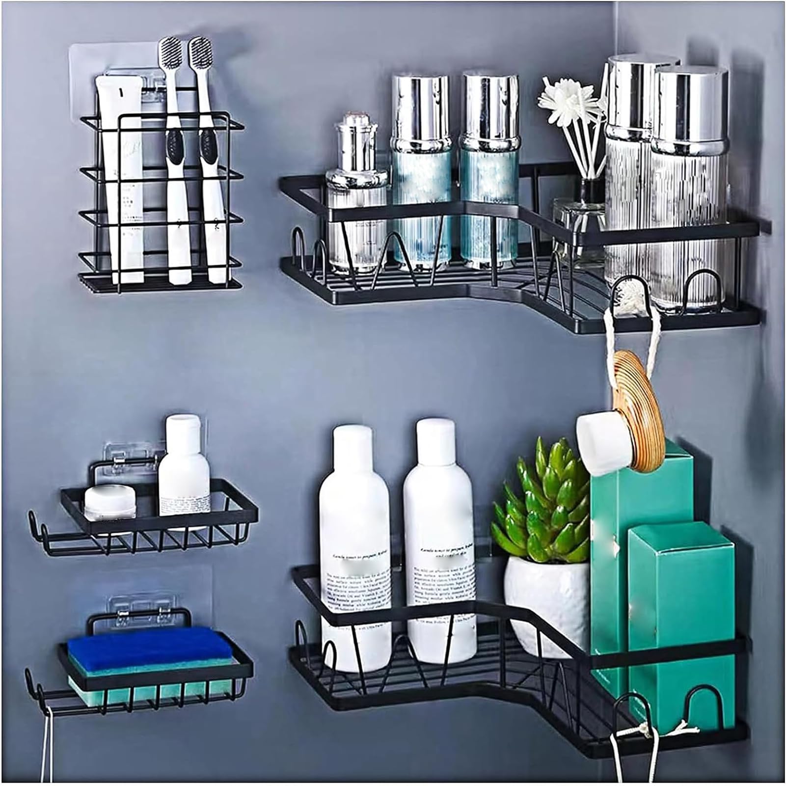 YLNAPUOPJIA 5 Pack Corner Shower Caddy with Adhesive Hooks & Soap Holder - Stainless Steel Organizer for Bathroom and Tub, No Drilling Required