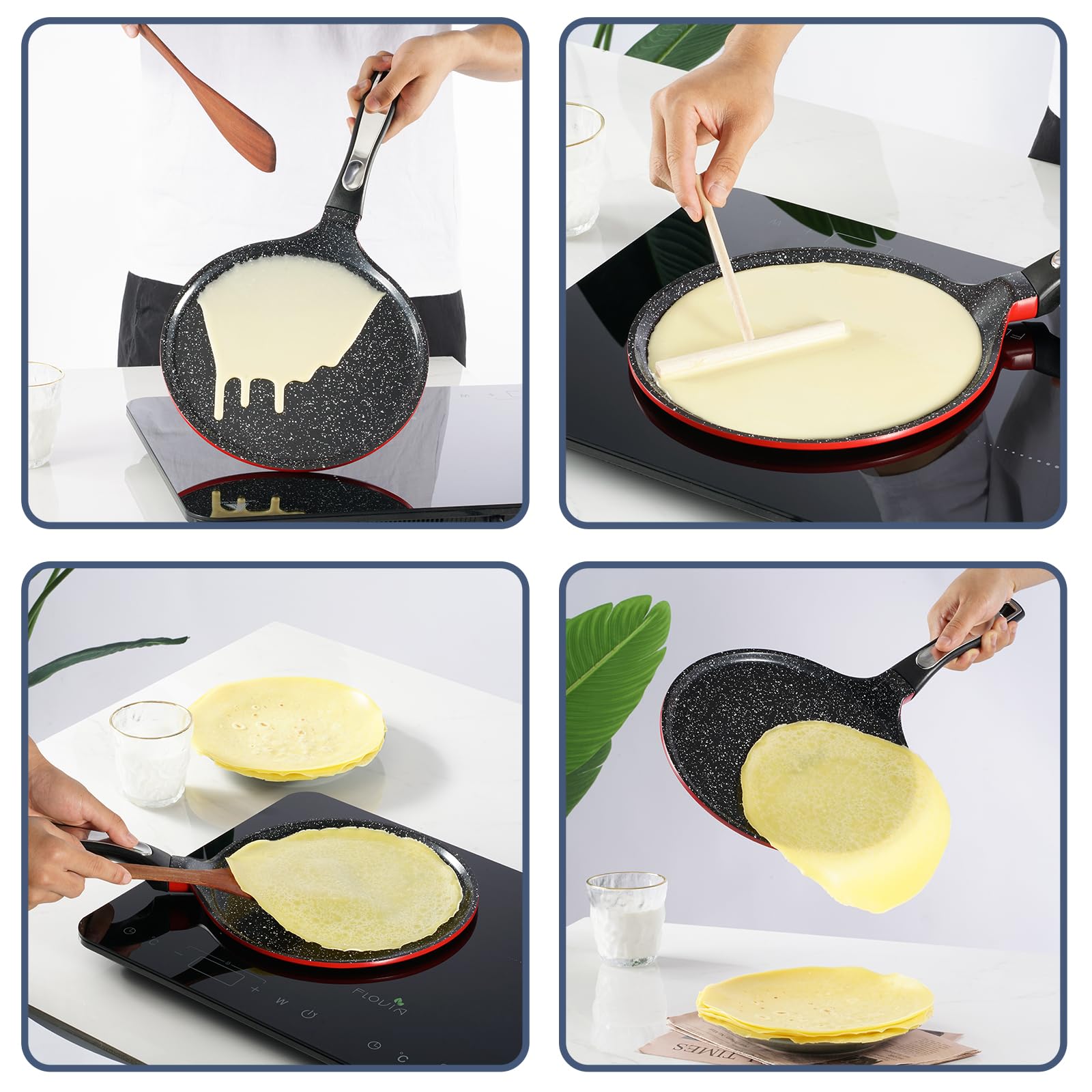 ROSSETTO Non-Stick Crepes Pan from France, Red 9.5in Ceramic Coating Pancake Skillet with Spreader, PFOA and PTFE-Free, Compatible with All Stovetops, for pancakes, eggs, omlets, quesadillas,tortillas