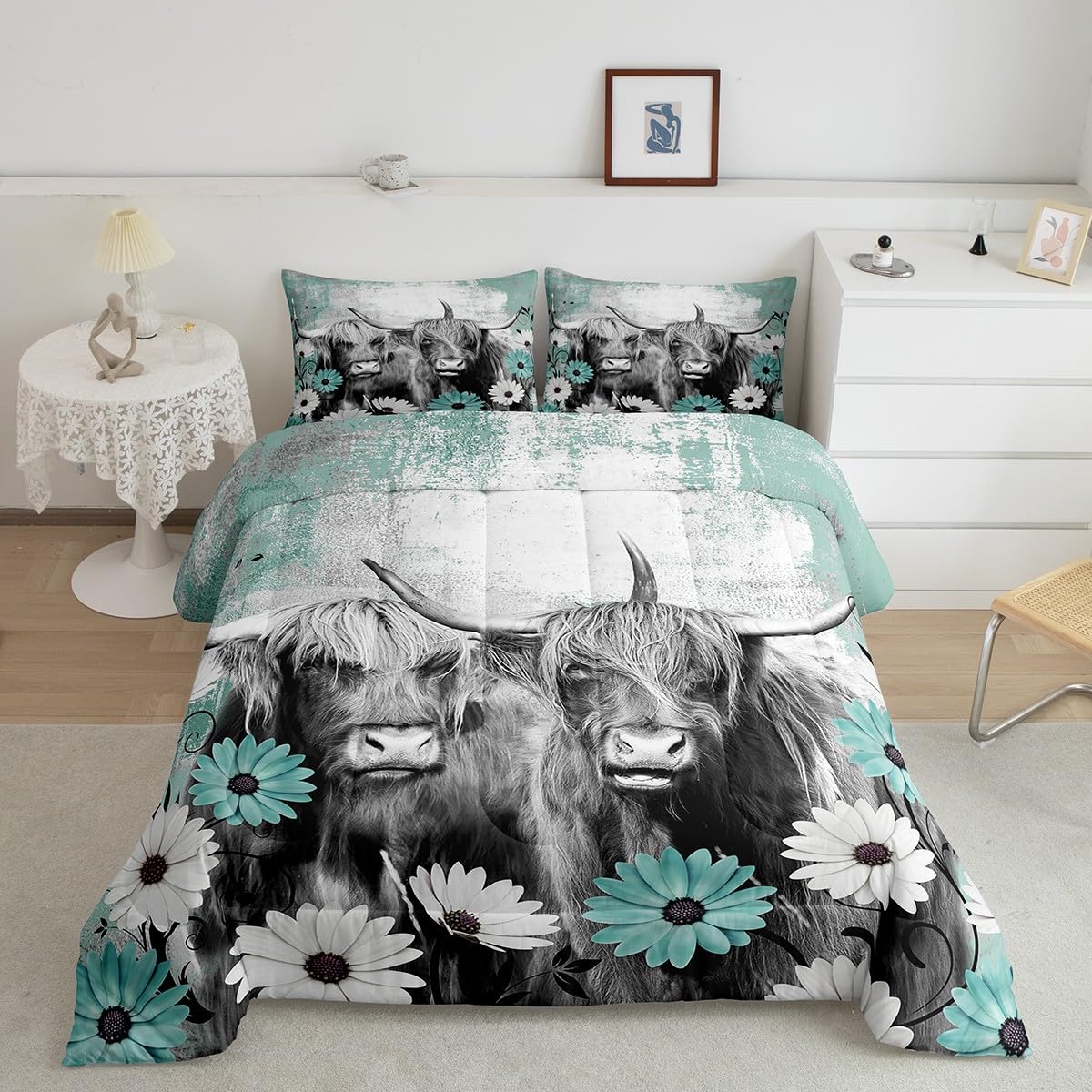 Highland Cow Bedding Comforter Sets Cowboys Gift for Men Boys, Bull Cattle Wildlife Bedding Set Western Farmhouse Comforter Set, Daisy Rustic Flowers Quilt Teal Graffiti Ombre Art Duvet Insert Queen