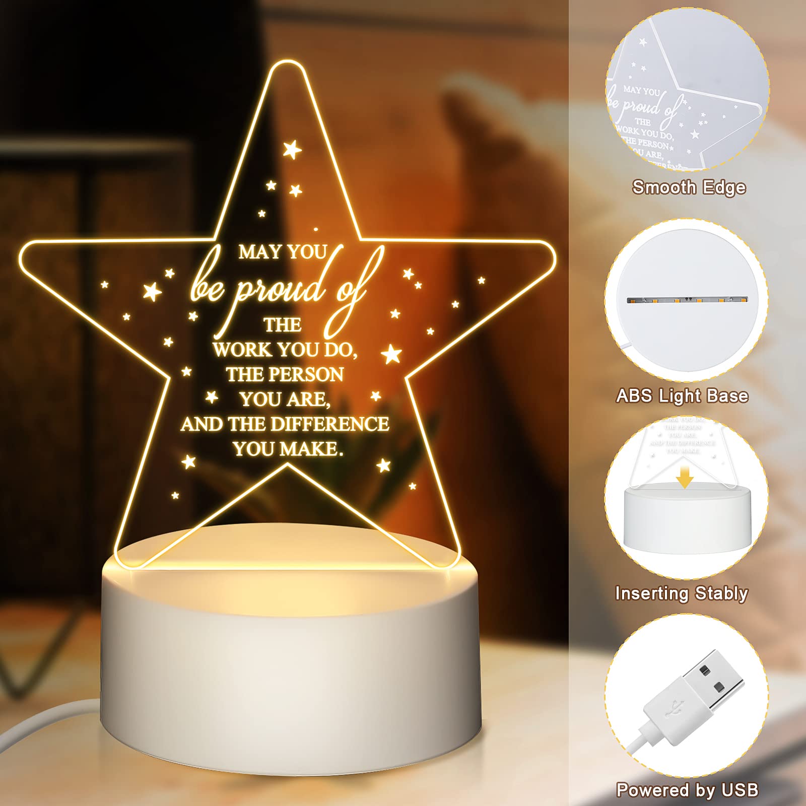 30 Pcs Employee Appreciation Gifts for Employee Acrylic LED Night Light May You Be Proud The Work You Do Team Gifts Thank You Gift for Volunteer Social Worker Gifts Vet Tech Appreciation(Star)