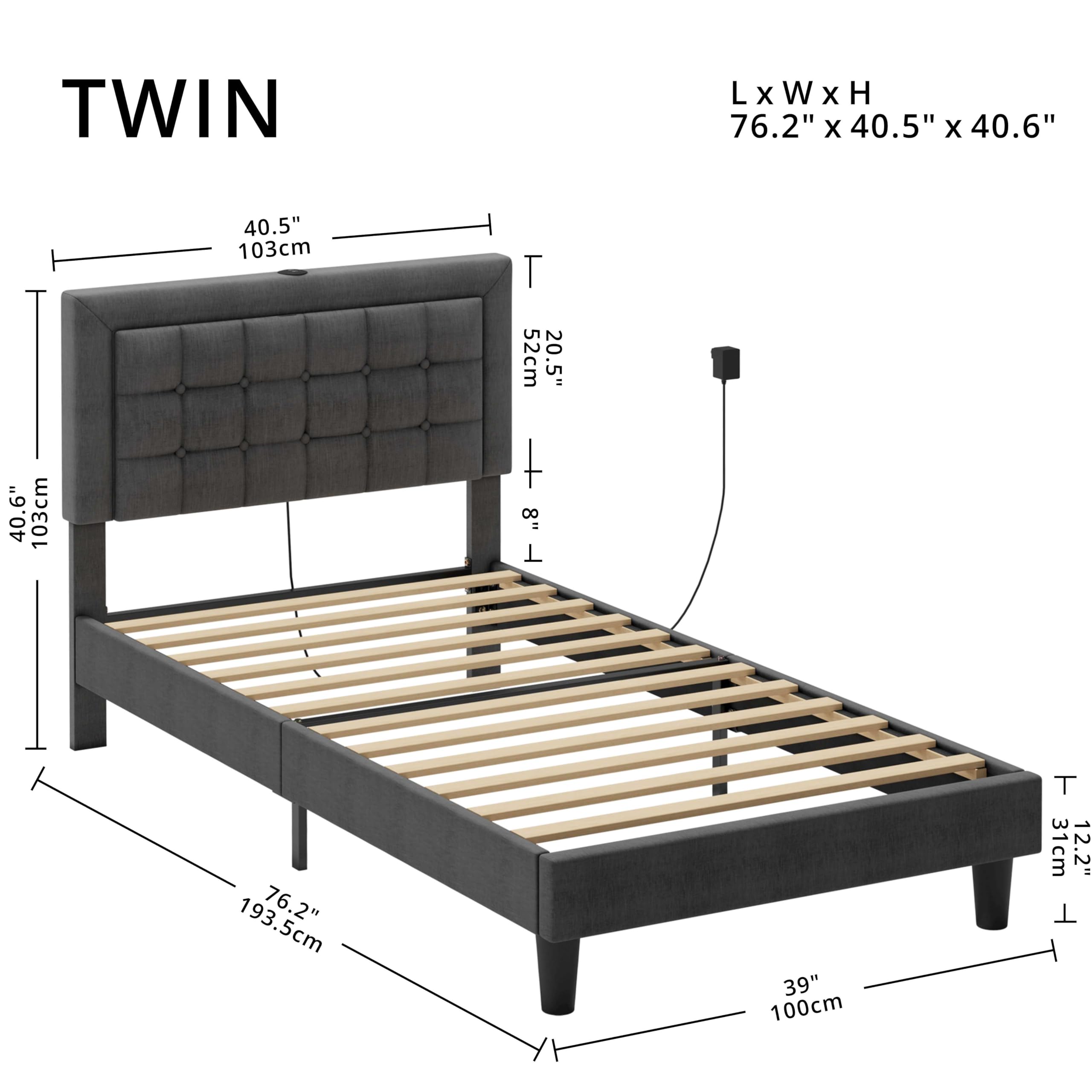 ANCTOR Twin Bed Frame with USB Ports, Platform Bed with Height Adjustable Upholstered Headboard, Heavy Duty Steel Support Legs, Easy Assembly, No Box Spring Needed, Grey