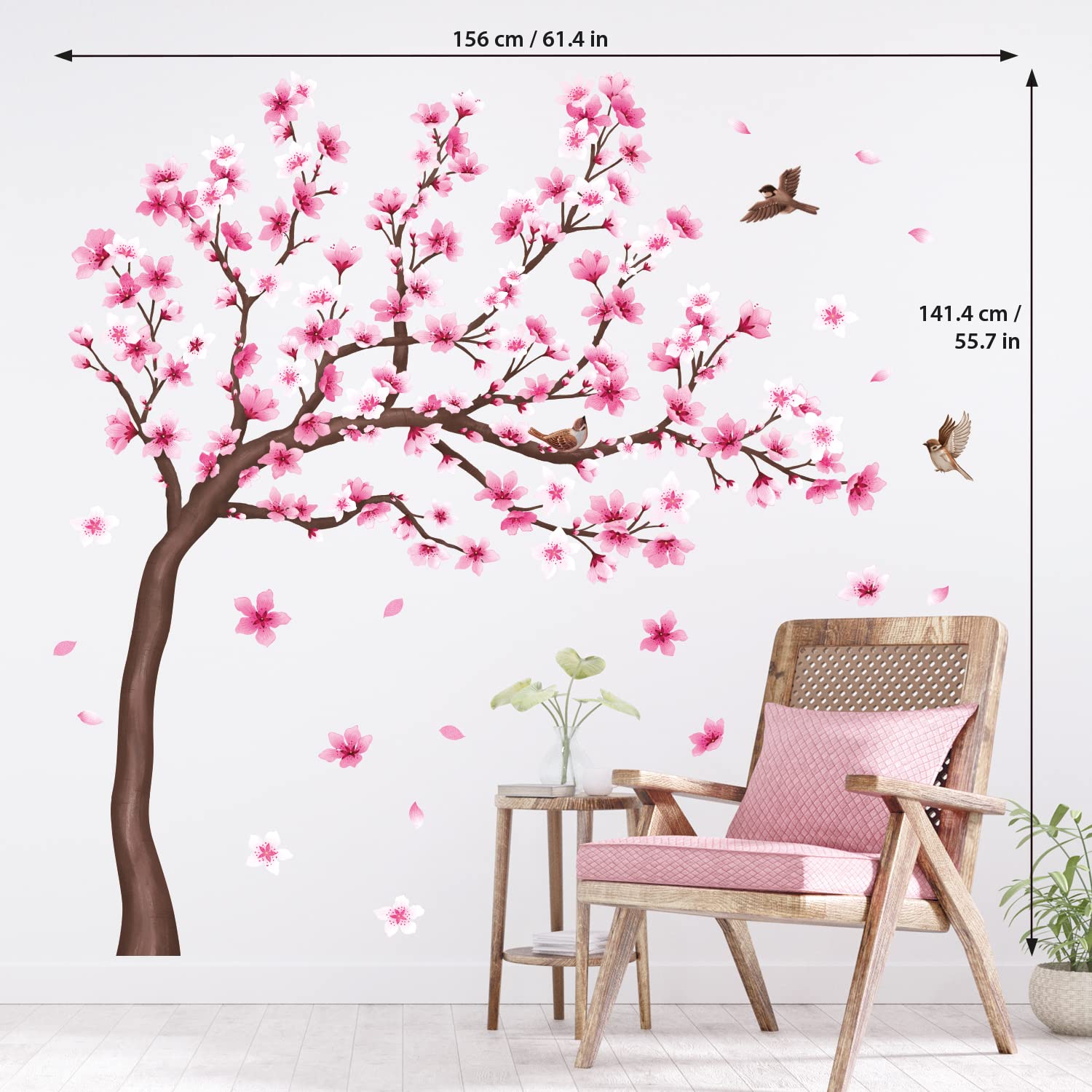 DECOWALL SG4-2306 Cherry Blossom Tree Wall Stickers Decals Peel and Stick Removable Wall Stickers for Kids Nursery Bedroom Living Room décor Floral Bird Furniture Art Baby Birch