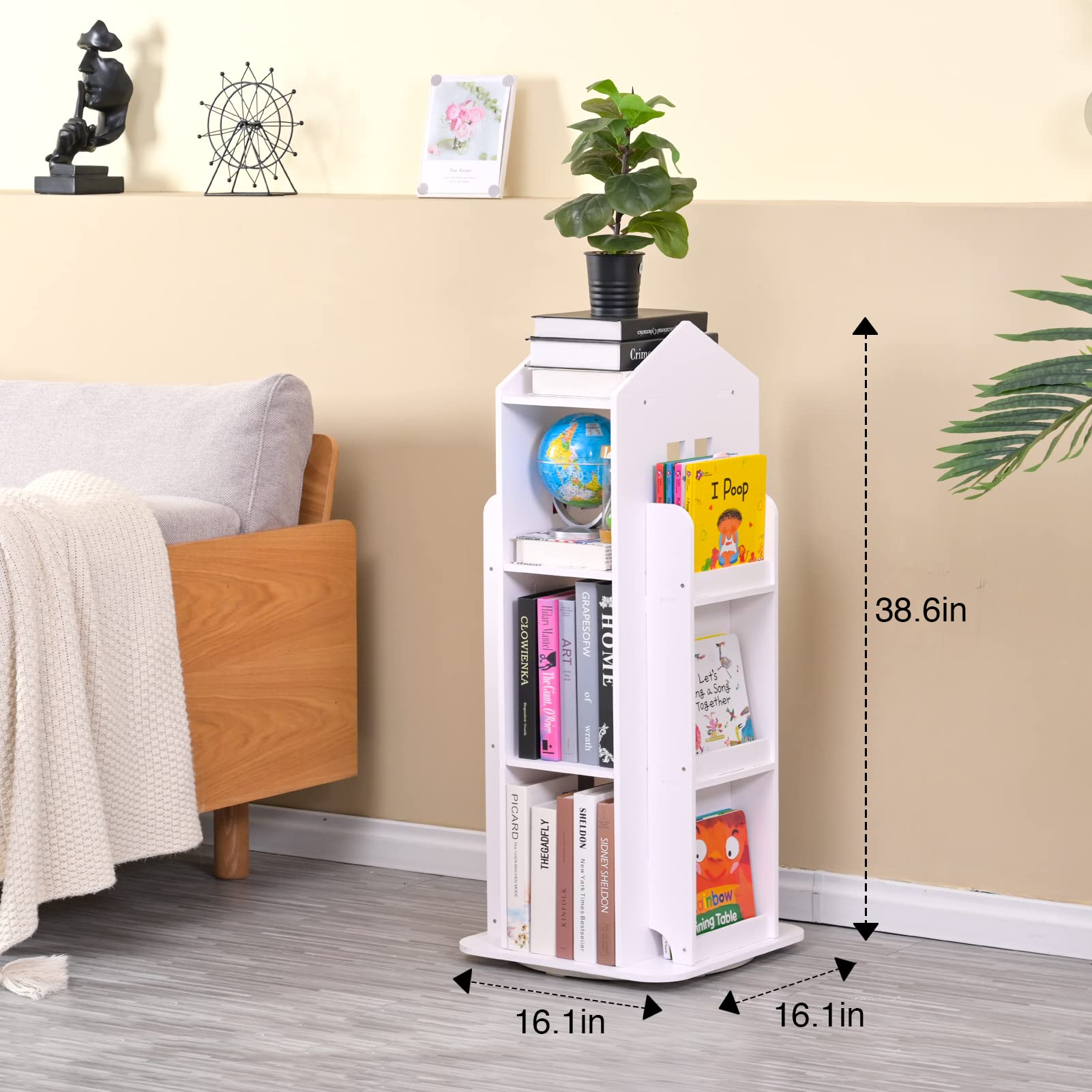 LEATOVOP Rotating Bookshelf, 360 Display 3 Tier Floor Standing Bookcase Storage Rack, Kids Book Shelf Organizer, Small Corner Bookshelf for Small Space, for Bedroom, Living Room, White