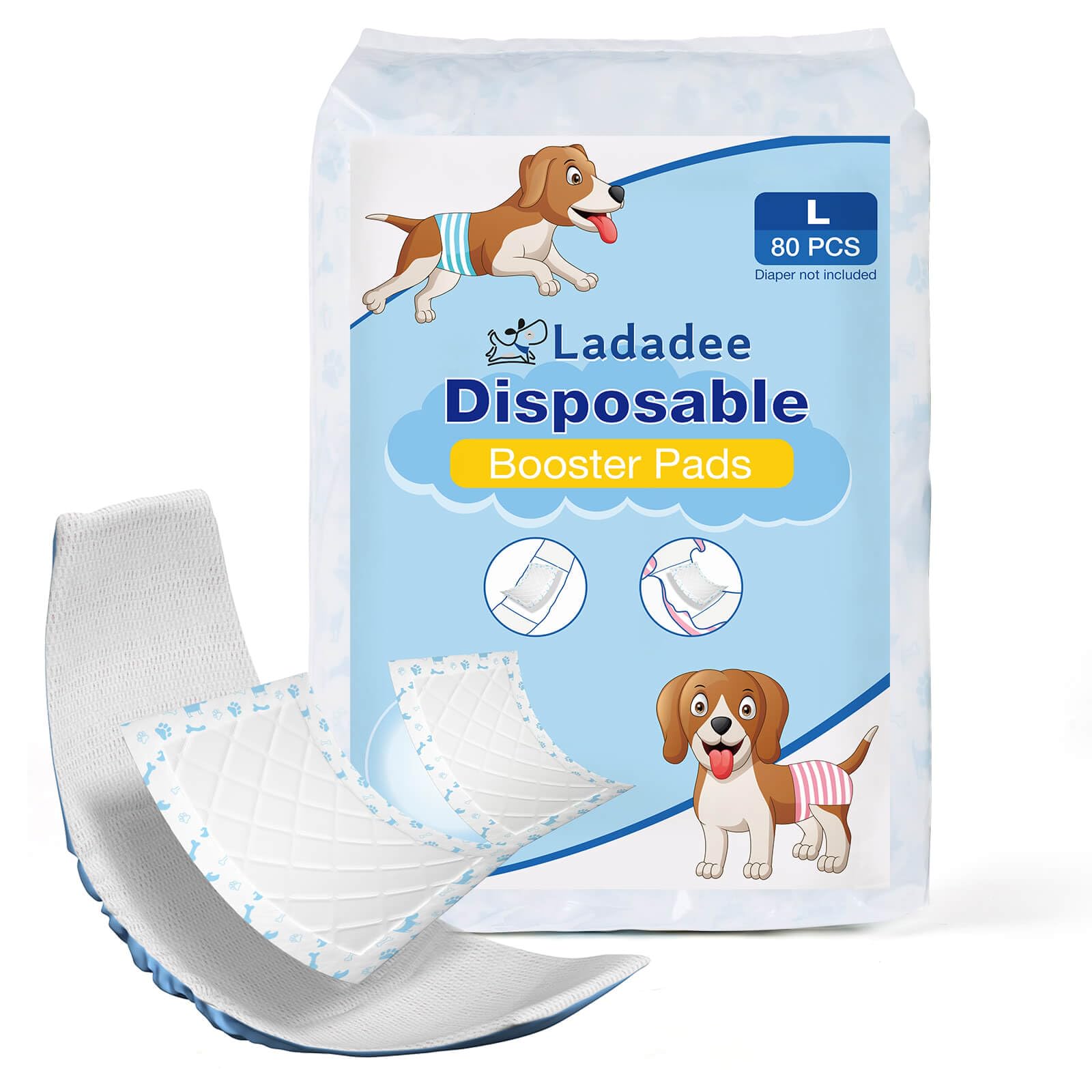 Ladadee Disposable Dog Diaper Liners Booster Pads for Male and Female Dogs, Doggie Diaper Inserts fit Most Types of Dog Diapers - Pet Belly Bands and Male Wraps-L-80PCS