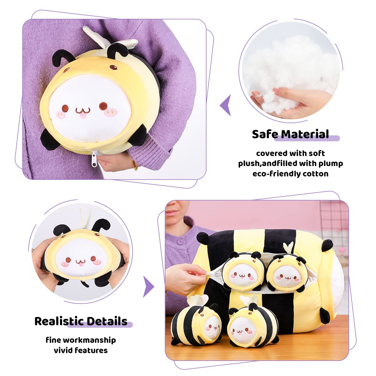 AIXINI Cute Cat Mommy Plush Pillow with 4 Little Baby Cats Stuffed Animal, Super Soft Kawaii Fat Cat Chubby Kitten Hugging Toy Gifts for Bedding