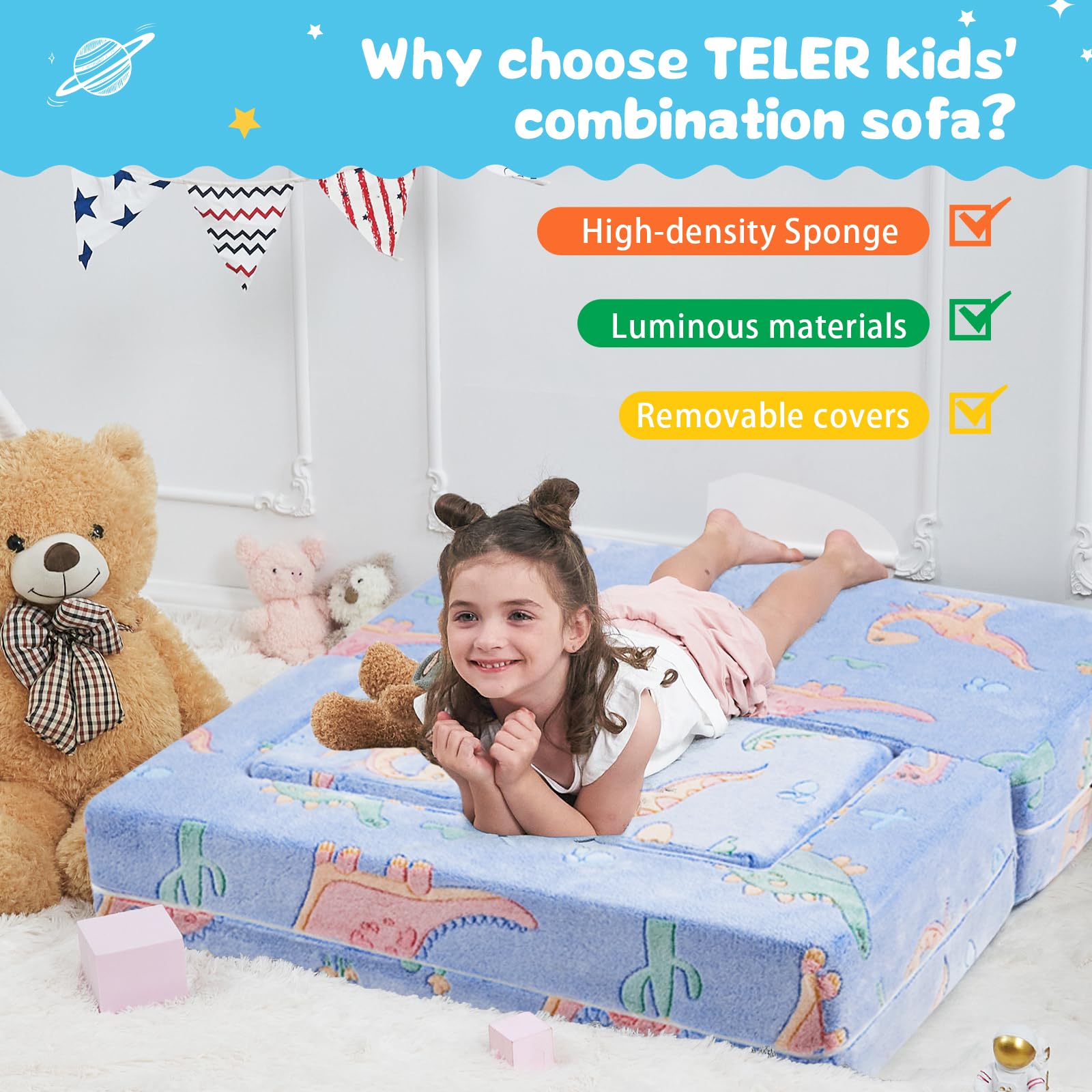 TELER Kids Couch Sofa Modular Toddler Couch, Glow in The Dark Sofa 3 in 1 Fold Out Kids Sofa with Washable and Durable Covers for Boys, Blue Dinosaur