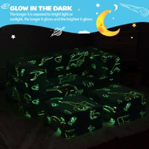 TELER Kids Couch Sofa Modular Toddler Couch, Glow in The Dark Sofa 3 in 1 Fold Out Kids Sofa with Washable and Durable Covers for Boys, Blue Dinosaur