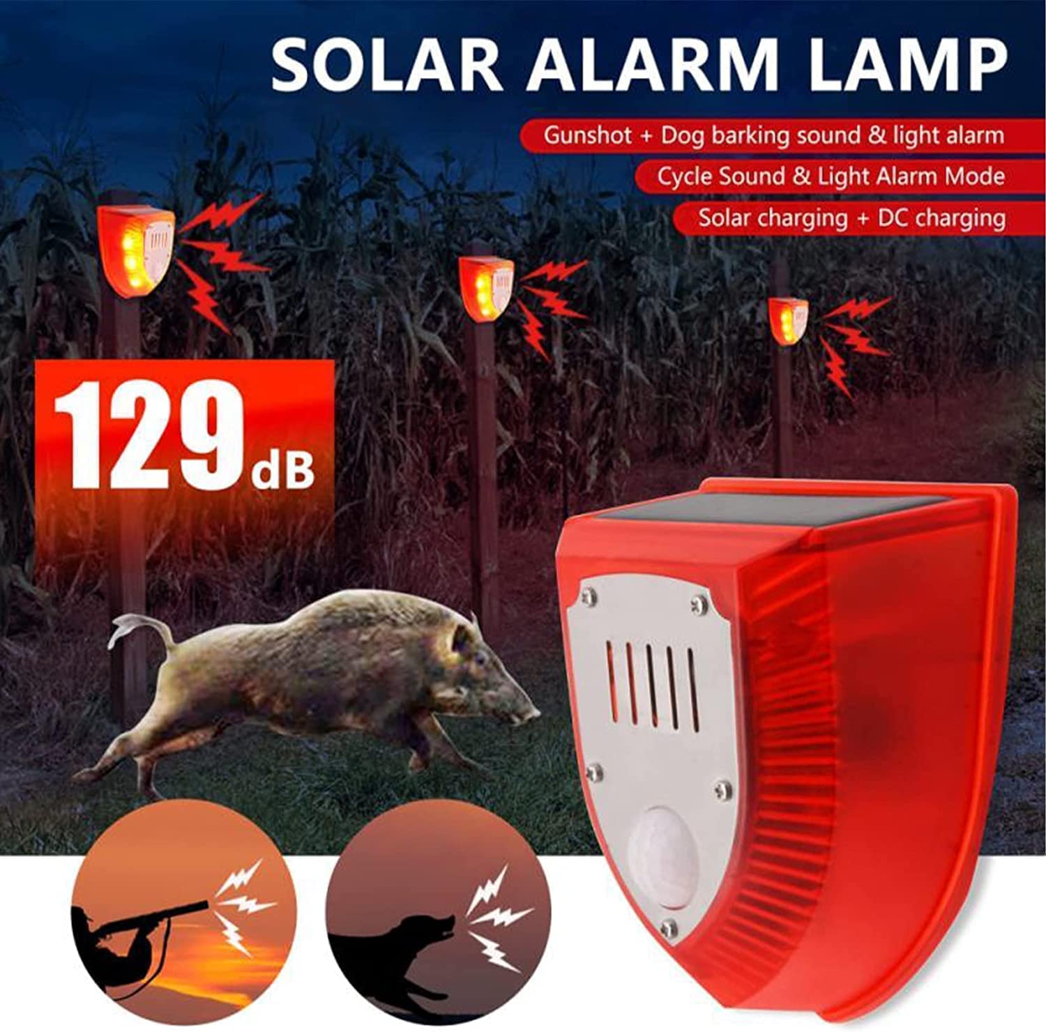 WONFAST Solar Motion Sensor Alarm Light Outdoor,Dog Barking&Gunshot Sound 129db Loud Noise Maker Strobe Light Warning Lamp for Home Villa Farm Barn Yard Chicken coop