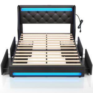 Rolanstar Full Bed Frame with LED Lights and Charging Station, PU Leather Bed with Drawers, Wooden Slats, Noise Free, Easy Assembly, Black