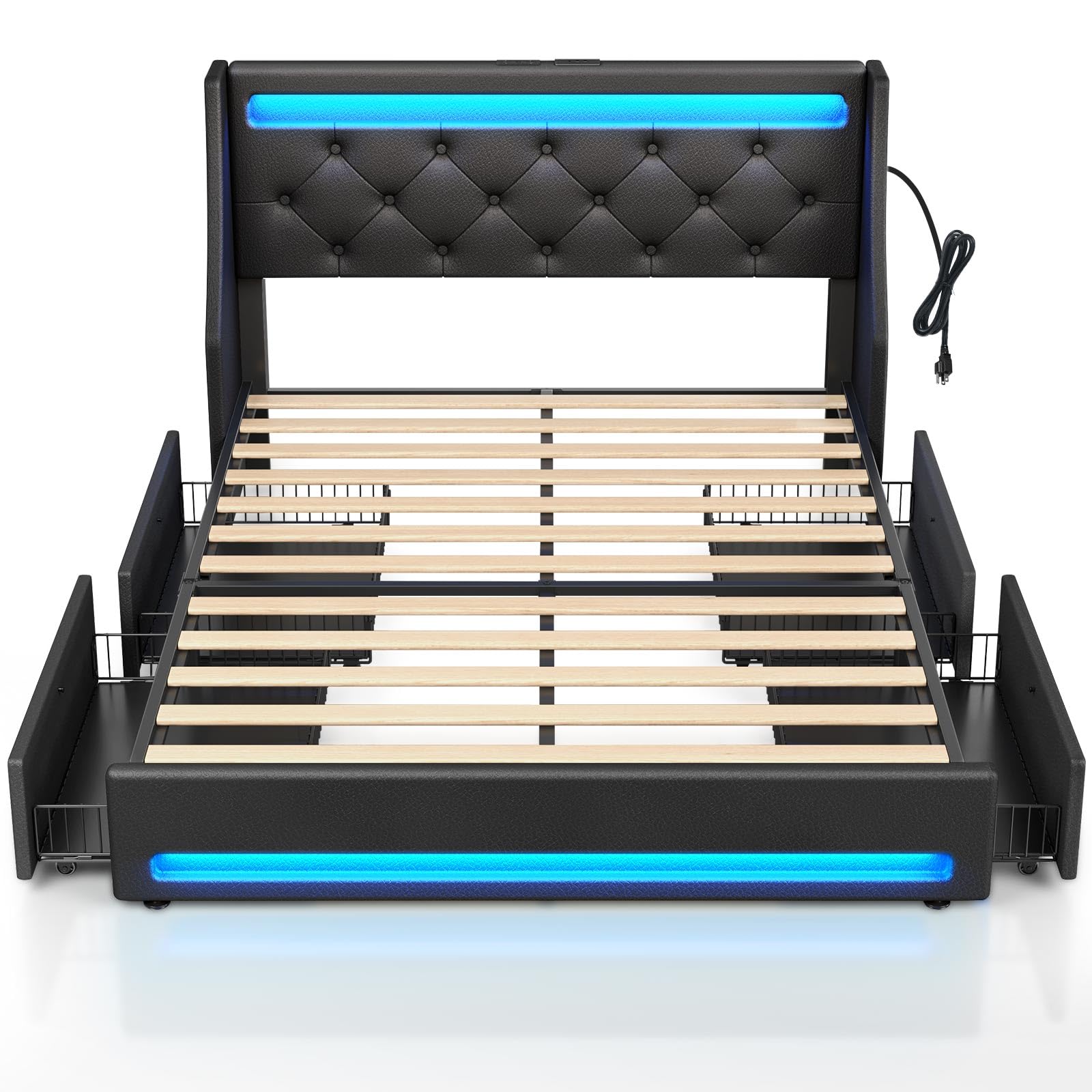 Rolanstar Full Bed Frame with LED Lights and Charging Station, PU Leather Bed with Drawers, Wooden Slats, Noise Free, Easy Assembly, Black