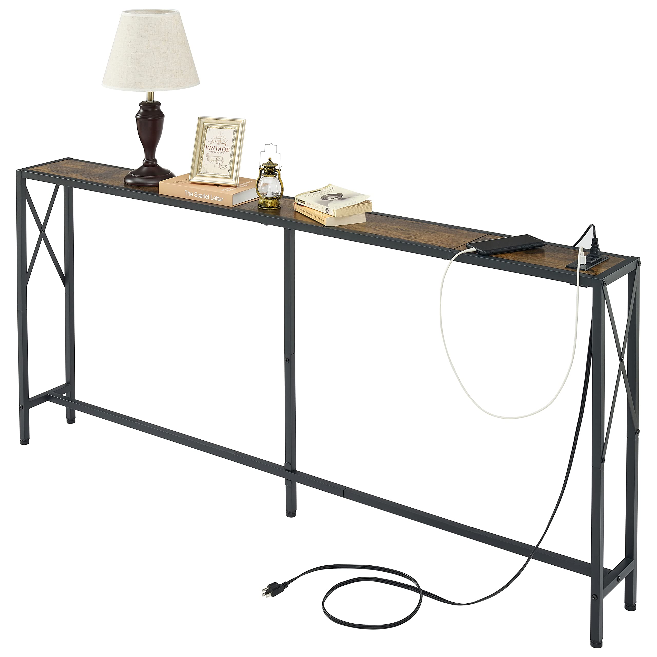 Gewudraw Console Table with 2 AC Oulets & 2 USB Ports, 68.5" Narrow Sofa Table, Entryway Table, Industrial Sofa Table for Hallway, Living Room, Bedroom, Long Console Table, 6.5 Feet Power Cord