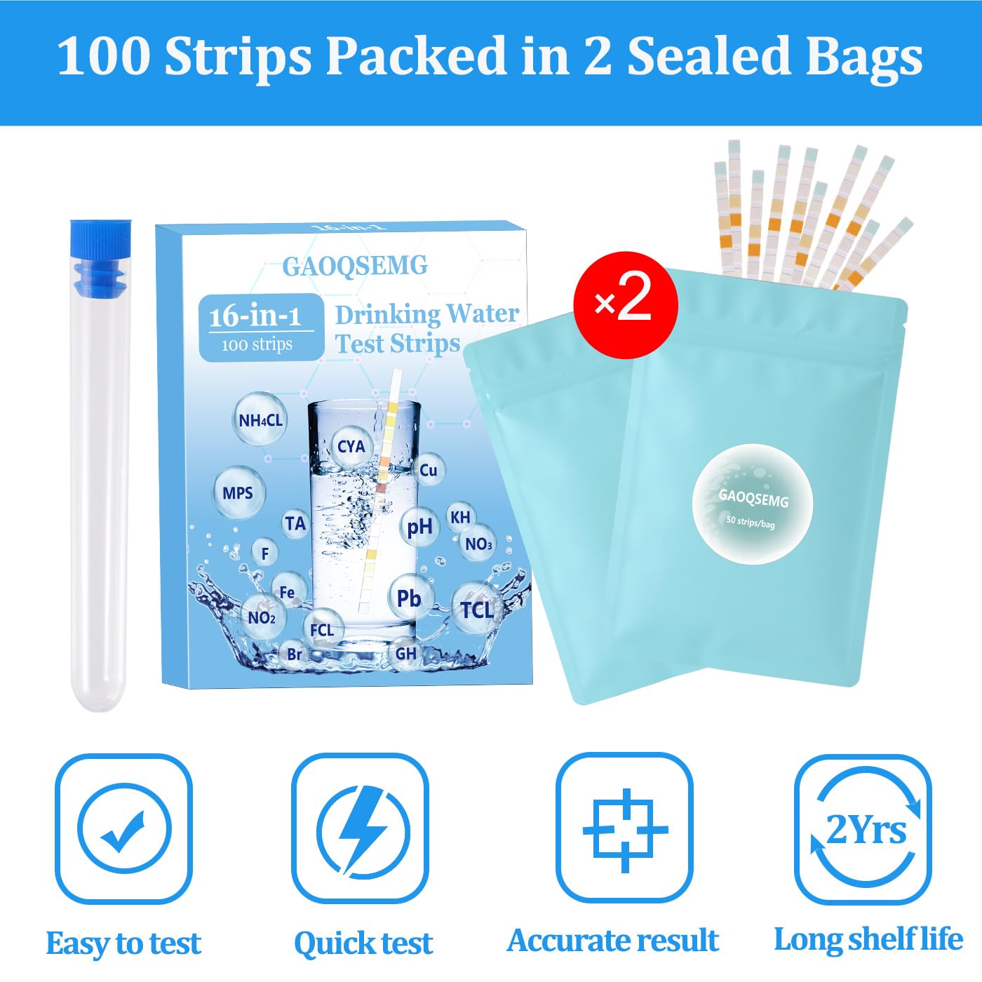 GAOQSEMG Water Test Kits for Drinking Water,16 in 1 Home Drinking Water Test Strips for Tap Well Water Testing Kit for Lead,Iron,Hardness,pH,Chlorine,Fluorine,Bromine,Nitrate,Nitrite,Copper and More