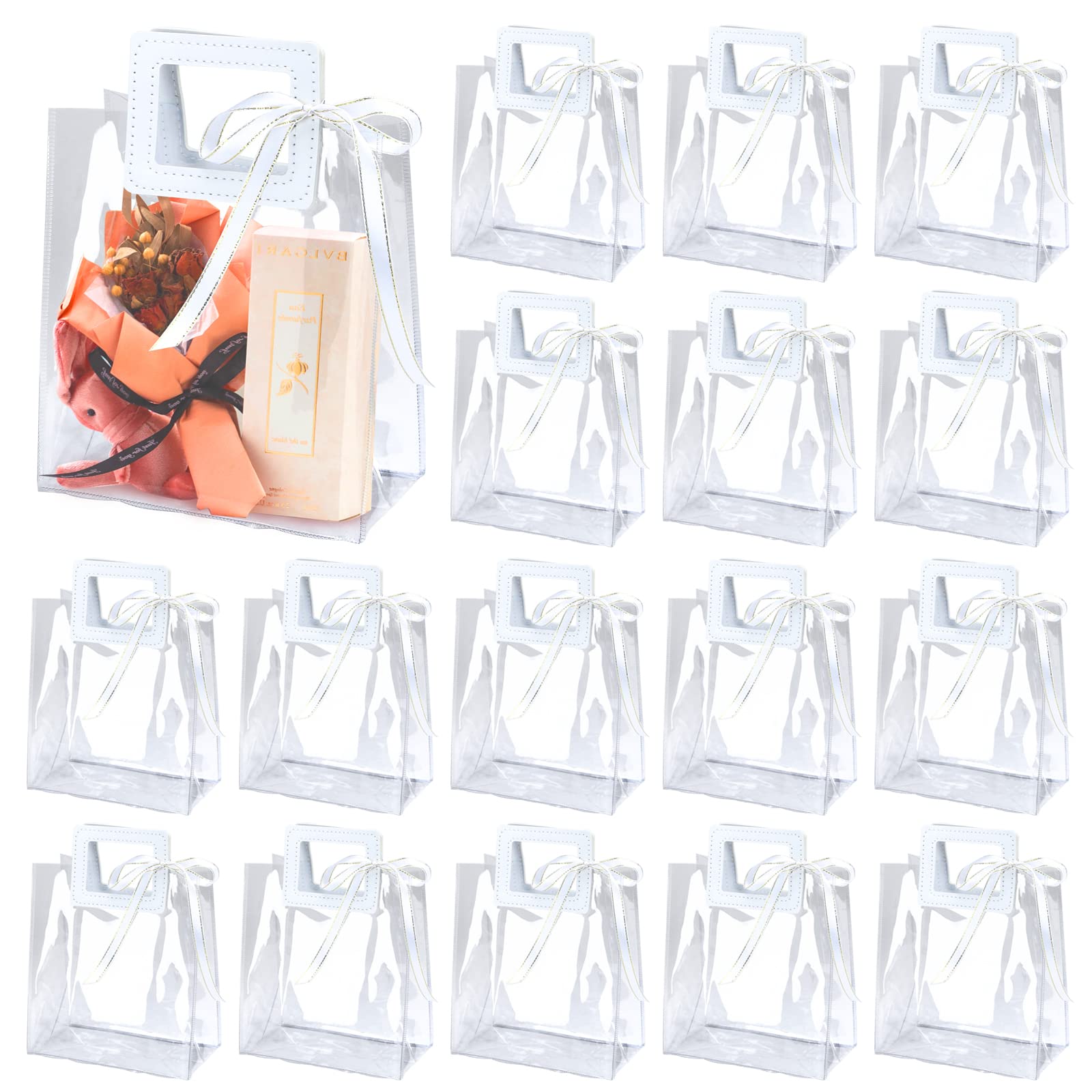 CZWESTC 16 Pack 7 x 8 x 4 Clear Plastic Gift Bags with Handle,Reusable Transparent PVC Plastic Gift Wrap Tote Bag Heavy Duty Gift Wrap Bags (White)