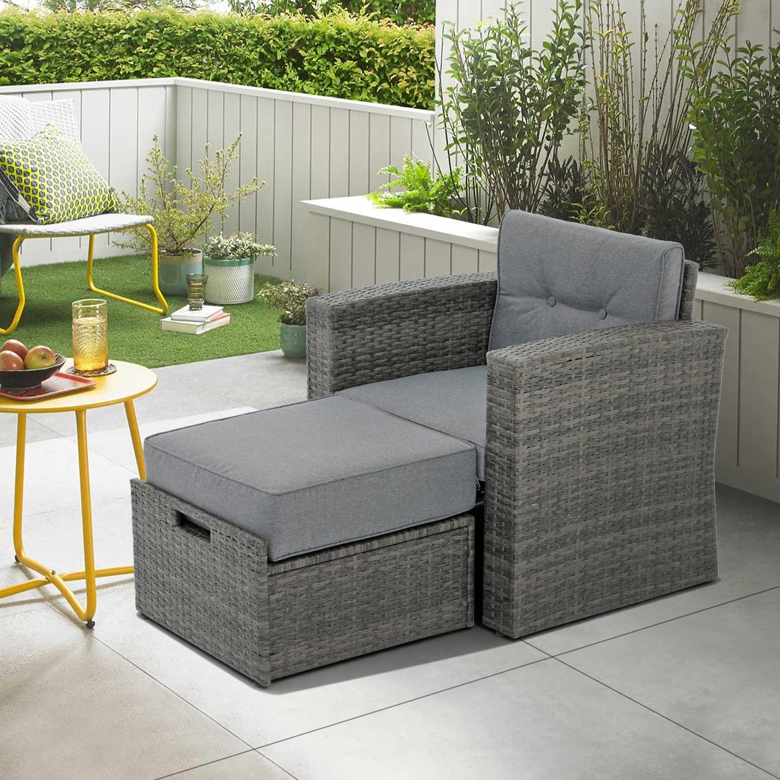 Super Patio Outdoor Wicker Ottoman Set of 2, All Weather Rattan Patio Ottoman Set with Thick Cushion, 2 Pieces Footstool Footrest Seat for Outside Garden, Balcony, Living Room, Gray