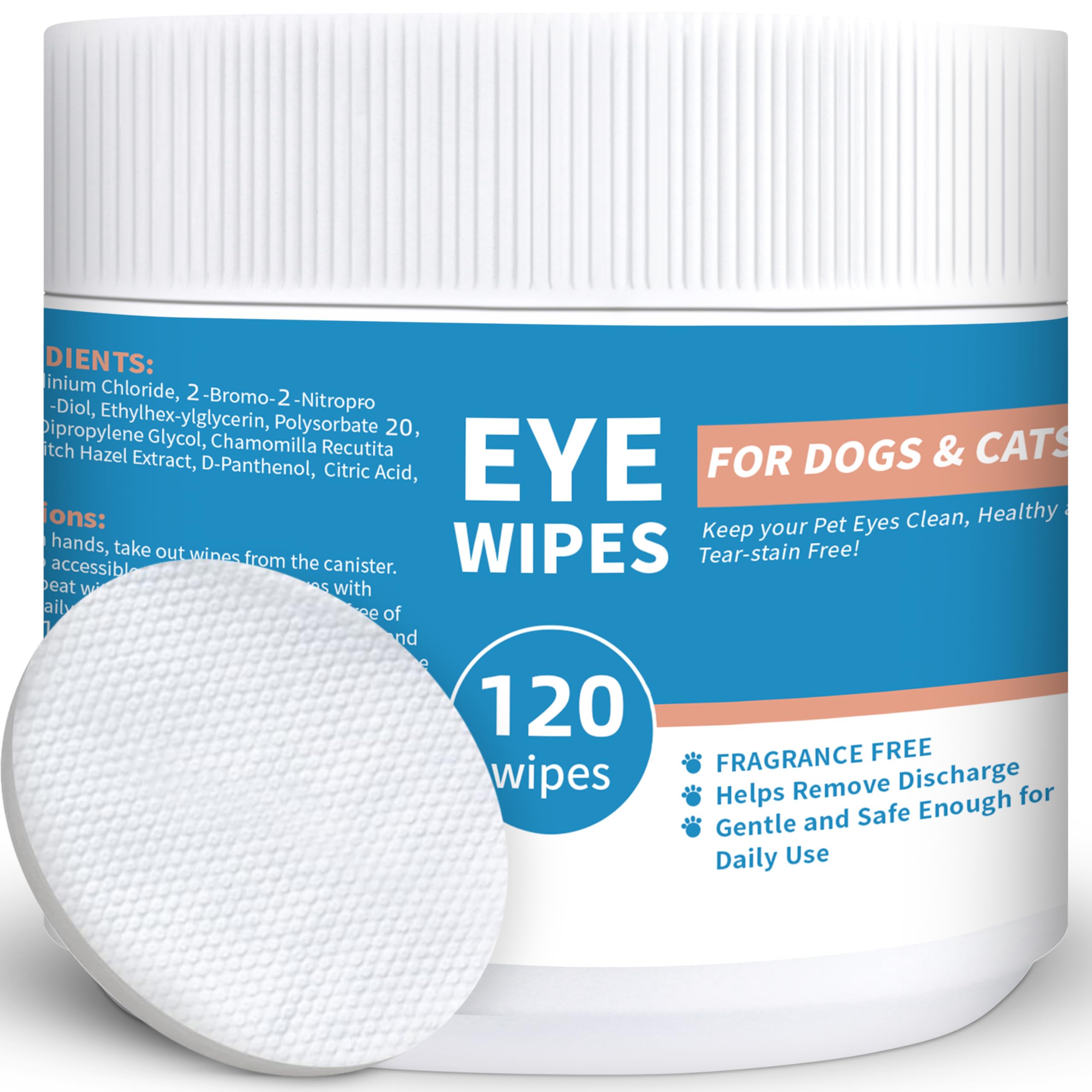 Dog Eye Wipes - 120Ct Tear Stain Remover for Dogs and Cats - 3.15" Presoaked Eye Wash Pads - Unscented Pet Eye Wipes for Remove Discharge and Crust