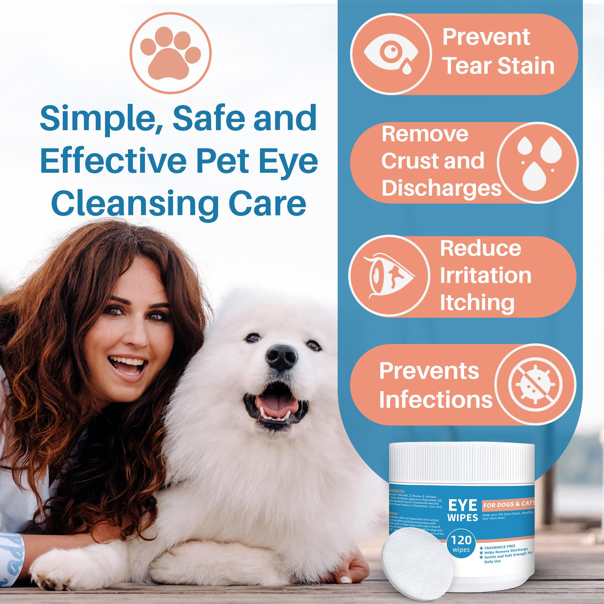 Dog Eye Wipes - 120Ct Tear Stain Remover for Dogs and Cats - 3.15" Presoaked Eye Wash Pads - Unscented Pet Eye Wipes for Remove Discharge and Crust