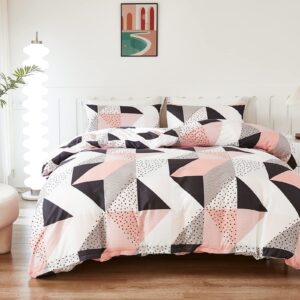 Bedbay Pink Grey Queen Comforter Set Western Bedding Set Queen Size Teen Girls Pink Grey Black Triangle Geometric Pattern 3 Pcs Soft Lightweight Fluffy Comforter Set (Muti,Queen)