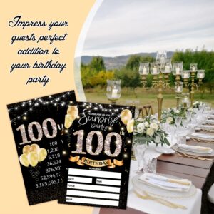 100th Birthday Party Invitation Card - Black Gold Invites with Birthday Sign Printing On The Back Double-Sided Fill-in Invites - 20 Cards with Envelopes for Party Favors - srgold-A10