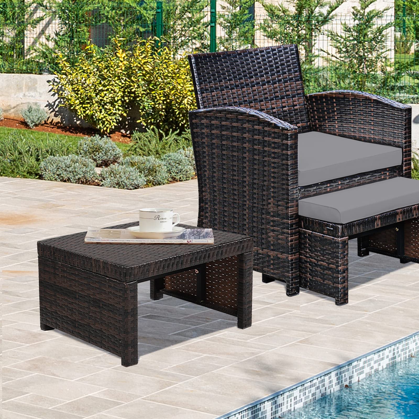 ORALNER Outdoor Ottoman, Set of 2 Wicker Footstools, All-Weather Rattan Foot Stools w/Removable Cushions, Patio Footrest Extra Seating for Porch, Poolside, Garden, Deck, Easy Assembly (Gray)