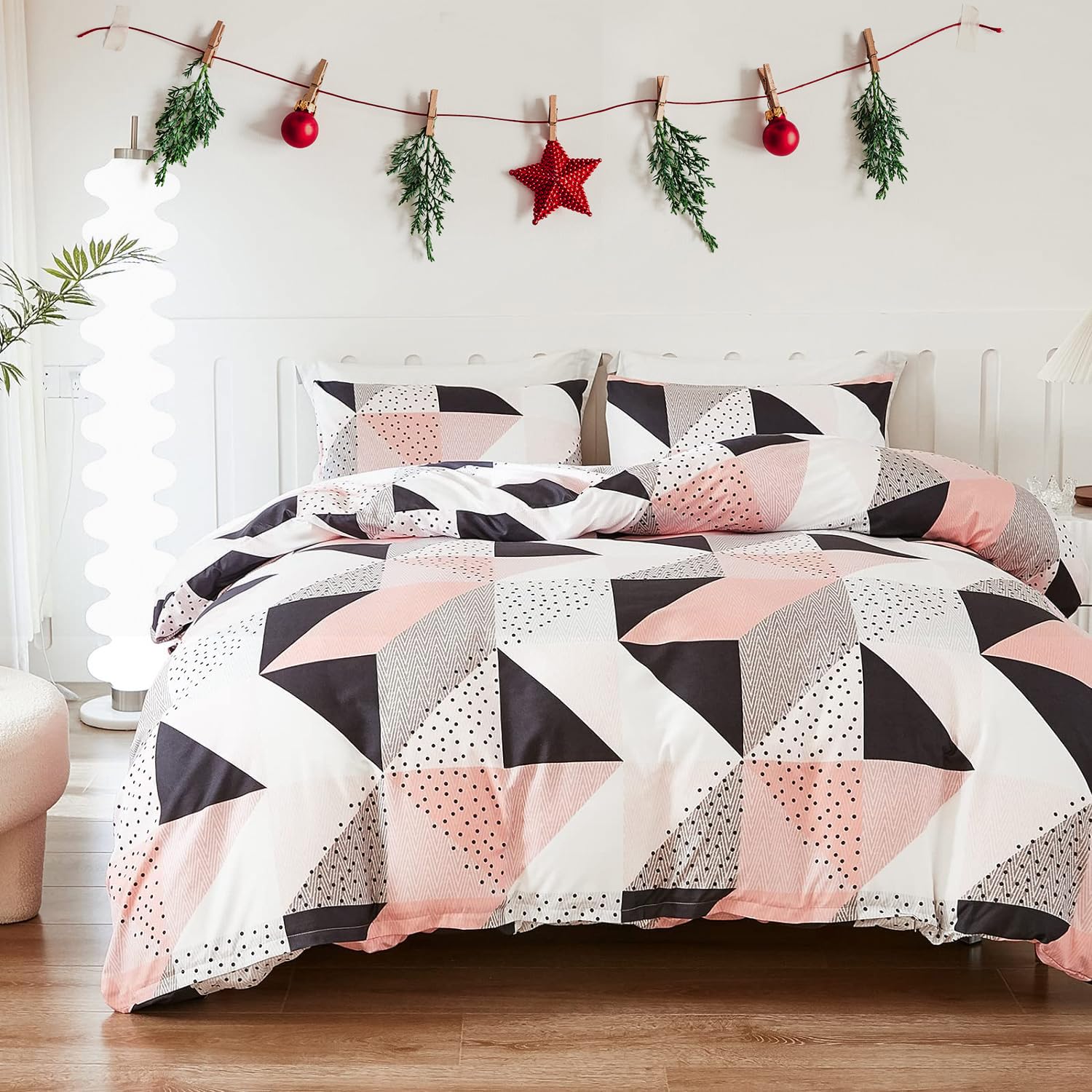 Bedbay Pink Grey Queen Comforter Set Western Bedding Set Queen Size Teen Girls Pink Grey Black Triangle Geometric Pattern 3 Pcs Soft Lightweight Fluffy Comforter Set (Muti,Queen)