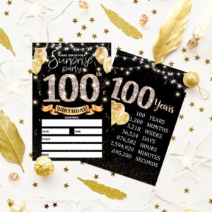 100th Birthday Party Invitation Card - Black Gold Invites with Birthday Sign Printing On The Back Double-Sided Fill-in Invites - 20 Cards with Envelopes for Party Favors - srgold-A10