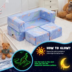 TELER Kids Couch Sofa Modular Toddler Couch, Glow in The Dark Sofa 3 in 1 Fold Out Kids Sofa with Washable and Durable Covers for Boys, Blue Dinosaur