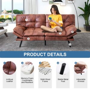 Maxspeed Sofa Bed Couch, Memory Foam Futon Sofa Bed with Mattress and Frame Included,Comfortable Brown Faxu Leather Loveseat Sleeper Sofa for Dorm Apartment Office College Small Space Bedroom