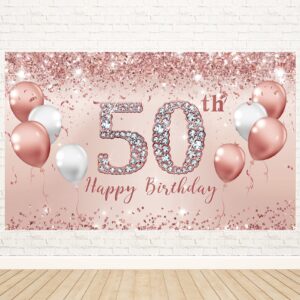 trgowaul 50th birthday decorations for women, pink rose gold 50th birthday banner backdrop 50 birthday party decorations for women turnin 50, 50th fabulous birthday background birthday gift for her