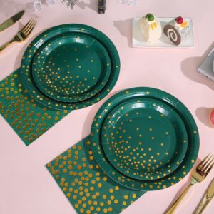 Boocikey 150 PCS Green Plates and Napkins Party Supplies,Golden Dot Green Paper Plates for 50 Guests,Green and Gold Party Decorations for Holiday Wedding Graduation Christmas Party Decorations