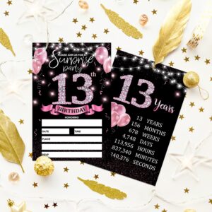 13th Birthday Party Invitation Card - Rose Gold Invites with Birthday Sign Printing On The Back Double-Sided Fill-in Invites - 20 Cards with Envelopes for Party Favors - srpink-A02