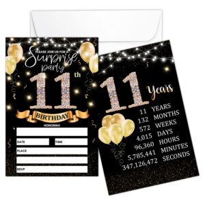 11th birthday party invitation card - black gold invites with birthday sign printing on the back double-sided fill-in invites - 20 cards with envelopes for party favors - srgold-a01