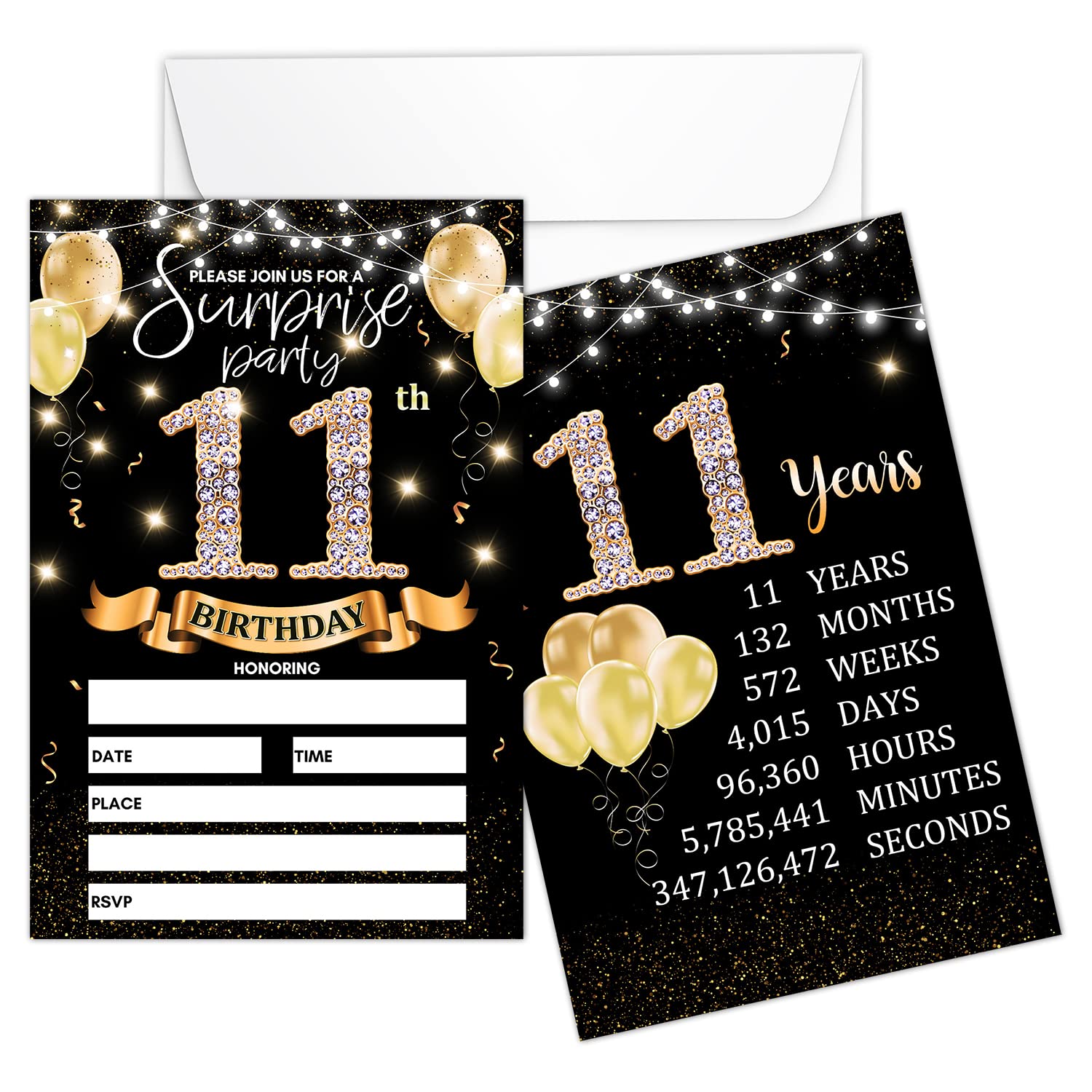 11th Birthday Party Invitation Card - Black Gold Invites with Birthday Sign Printing On The Back Double-Sided Fill-in Invites - 20 Cards with Envelopes for Party Favors - srgold-A01