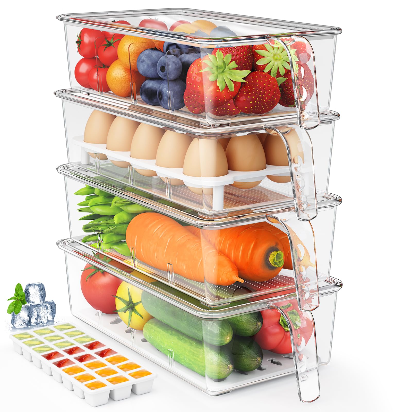 VIVAIVE 4 Pack Fridge Organizers and Storage,Clear Refrigerator Organizer Bins with Lids,Egg Container,Ice Cube Tray,Stackable Pantry Organizers with Removable Dividers,Ideal Fridge Organization