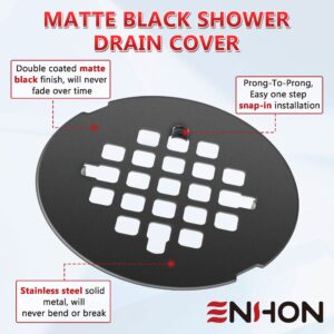 Enhon 2 Pack 4-1/4 Snap in Shower Drain Cover, Round Shower Strainer Drain Grid, Bathroom Shower Drain Grate Cap Replacement for Hair Catcher, Matte Black, Stainless Steel