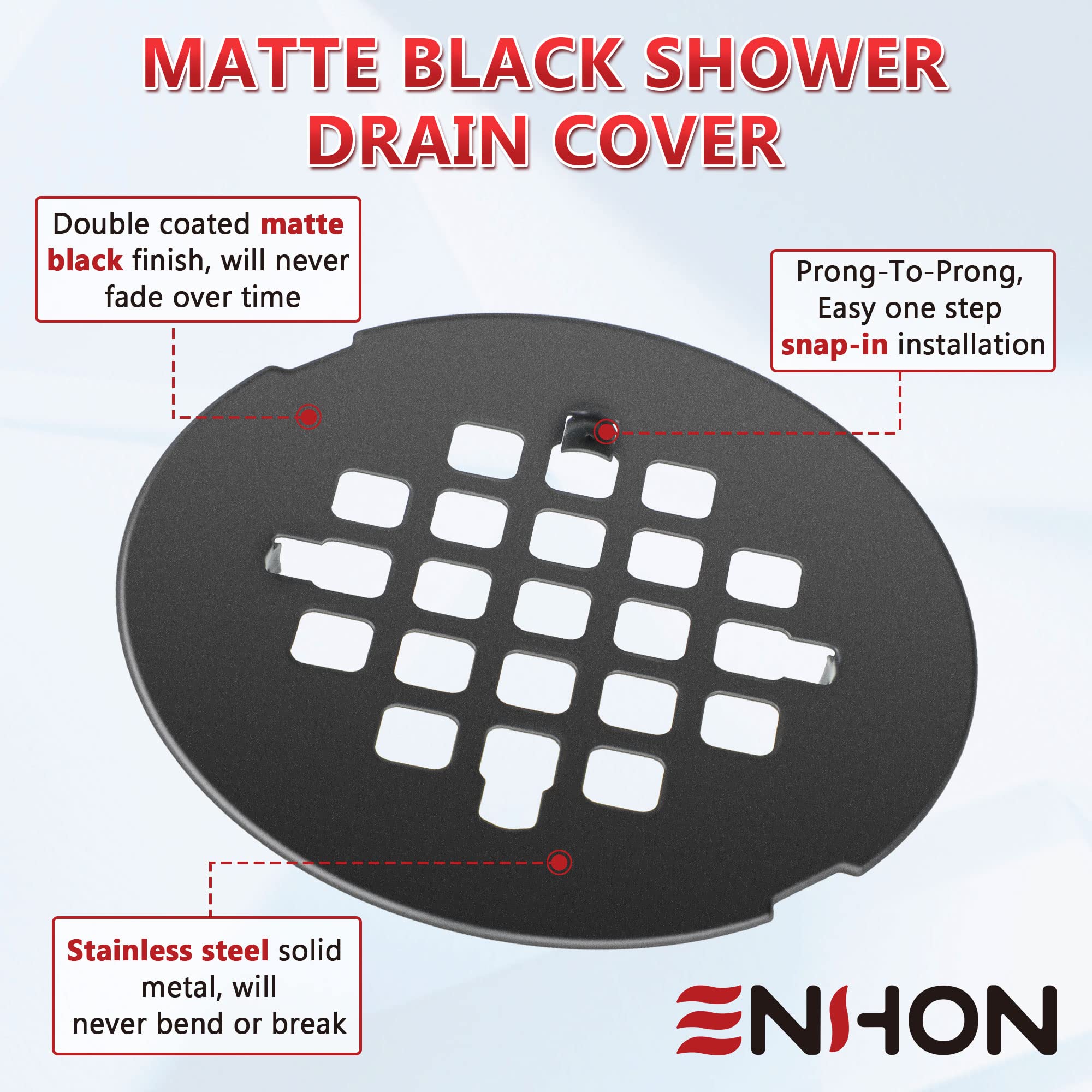 Enhon 2 Pack 4-1/4 Snap in Shower Drain Cover, Round Shower Strainer Drain Grid, Bathroom Shower Drain Grate Cap Replacement for Hair Catcher, Matte Black, Stainless Steel