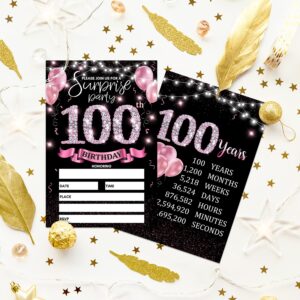 100th Birthday Party Invitation Card - Rose Gold Invites with Birthday Sign Printing On The Back Double-Sided Fill-in Invites - 20 Cards with Envelopes for Party Favors - srpink-A10