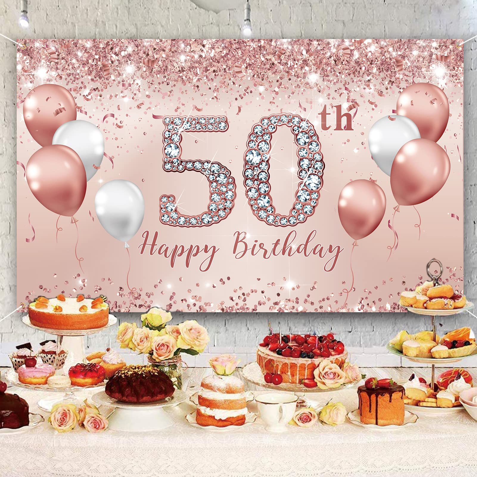 Trgowaul 50th Birthday Decorations for Women, Pink Rose Gold 50th Birthday Banner Backdrop 50 Birthday Party Decorations for Women Turnin 50, 50th Fabulous Birthday Background Birthday Gift for her