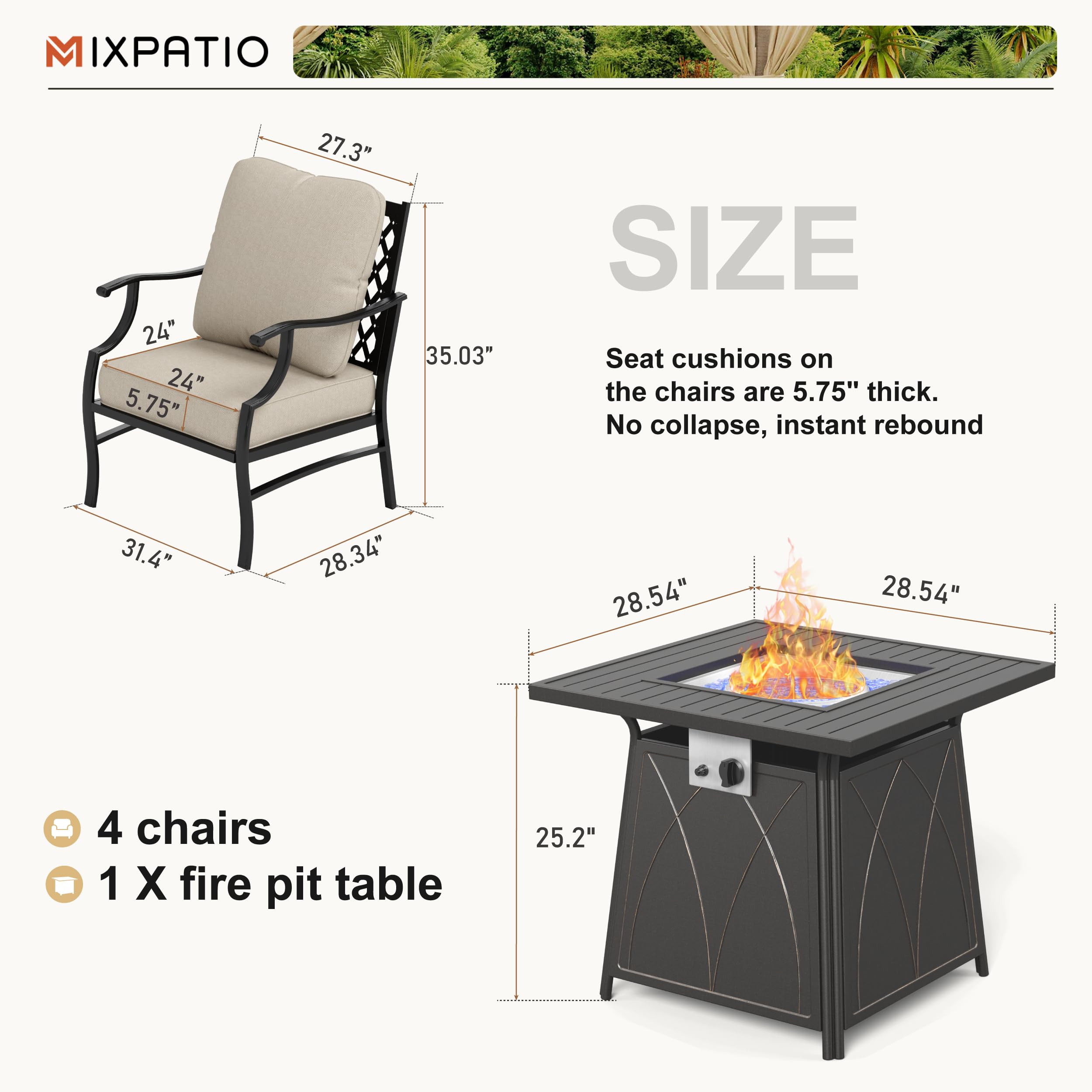 MIXPATIO Patio Furniture Set with Fire Pit Table, 5 Pcs Metal Outdoor Conversation Set, 4 Single Chairs with 5.75" Extra Thick Cushion and 28" Fire Pit Table for Backyard Deck, Beige